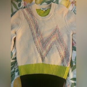 KENZO Sweater Womens Sz S Beige Wool Embroidered Multicolor zig zag lines